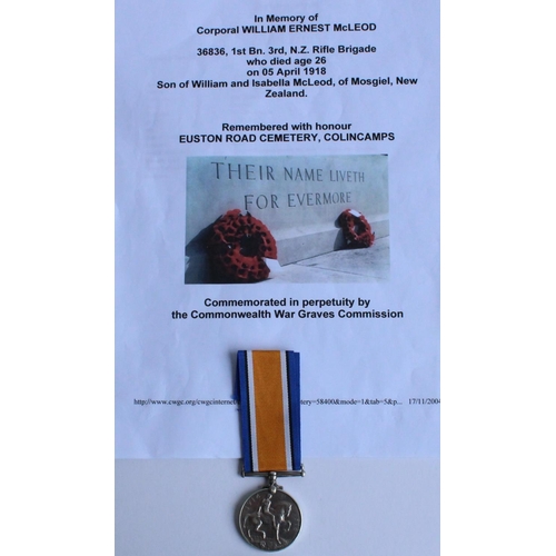 75 - WWI casualty 1914-1918 war medal awarded to 36836 Cpl. William Ernest McLeod, 1st Battalion 3rd New ... 