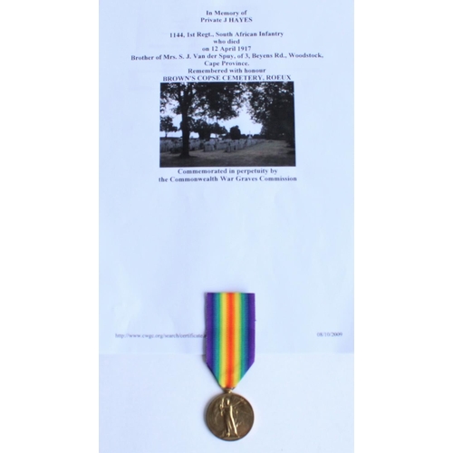 80 - WWI casualty victory medal awarded to 1144 Pte. J Hayes, 1st Regt. South African Infantry, with CWGC... 