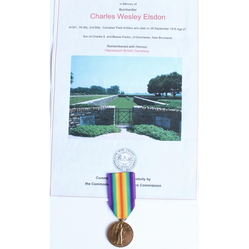 81 - WWI casualty victory medal awarded to 41501 Charles Wesley Elsdon, 7th Battery 2nd Brigade Canadian ... 