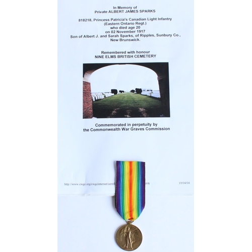 82 - WWI casualty victory medal awarded to 818218 Pte. Albert James Sparks, Princess Patricia's Canadian ... 