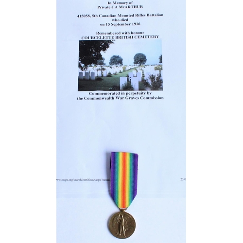 83 - WWI casualty victory medal awarded to 415058 Pte. J A McArthur, 5th Canadian Mounted Rifles Battalio... 