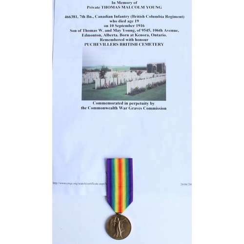 90 - WWI casualty victory medal awarded to 466381 Pte. Thomas Malcolm Young, 7th Battalion Canadian Infan... 