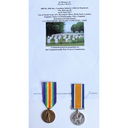 91 - WWI casualty pair of 1914-1918 war medal and victory medal awarded to 808783 Pte. J Hall, 50th Batta... 