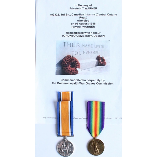 93 - WWI casualty pair of 1914-1918 war medal and victory medal awarded to 403322 Pte. H T Warner, 3rd Ba... 