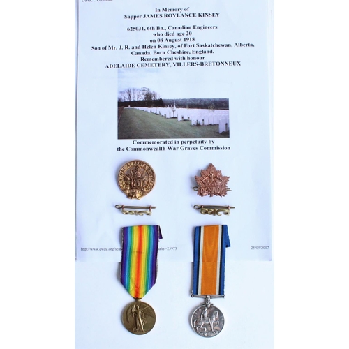 94 - WWI casualty pair of 1914-1918 war medal and victory medal awarded to 625031 Spr. James Roylance Kin... 