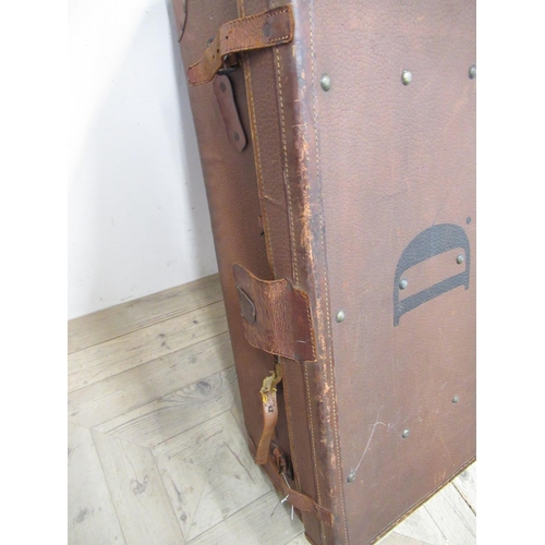 305 - C20th brown leather cabin trunk with monogrammed painted to the lid riveted straps handles AS W91.5 ... 