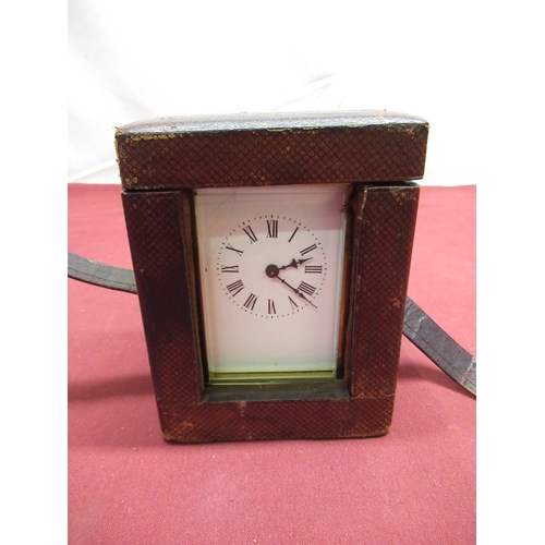 291 - French C19th brass cased carriage time piece with white enamel Arabic dial, 8 day movement replaced ... 