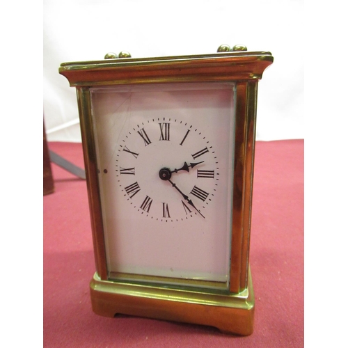 291 - French C19th brass cased carriage time piece with white enamel Arabic dial, 8 day movement replaced ... 