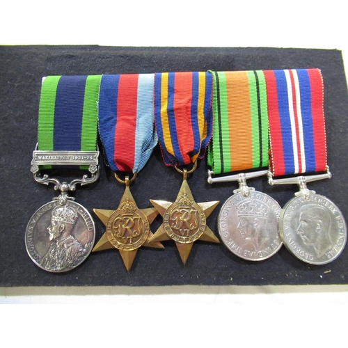 329 - Framed and mounted group of five medals, comprising of Geo. V India General Service medal with Wazir... 