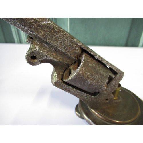 288 - Adam's style percussion cap revolver converted into desk ornament and a pair of Victorian handcuffs ... 