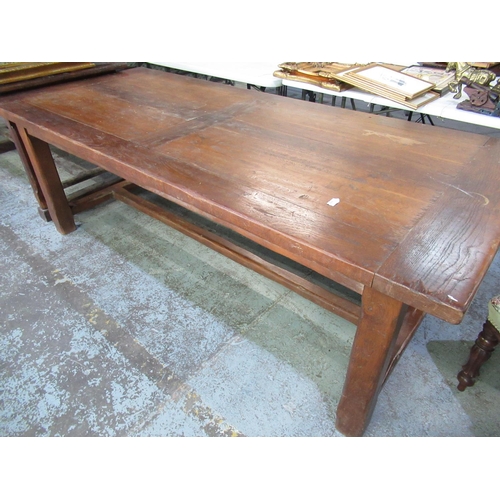 737 - Early C20th French oak farmhouse table, plank top on chamfered legs with stretcher and two extending... 