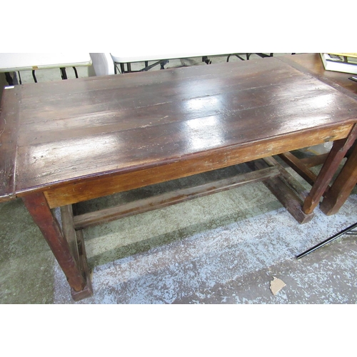 738 - C19th French rustic stained wood kitchen table with cleated plank top and frieze drawer, chamfered l... 