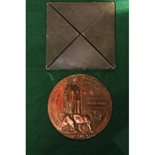 13 - WITHDRAWN - WWI bronze memorial plaque (death penny) for Robert Mackie, with card box of issue