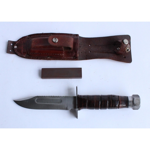 228 - Late C20th Japanese Pilots Knife in brown leather sheath, blade L12cm