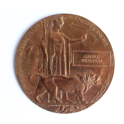 23 - WWI bronze memorial plaque (death penny) for Alpheus Wilkinson in later fitted box