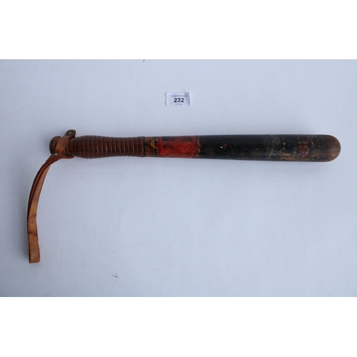 232 - Late C19th/early C20th wooden painted police truncheon with ribbed grip and leather wrist loop