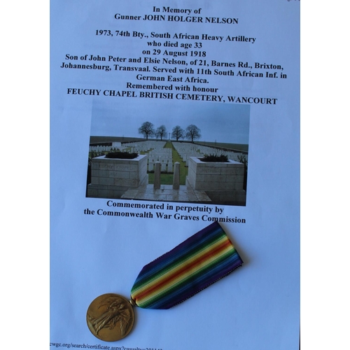 31 - WWI casualty victory medal awarded to Gunner John Holger Nelson (1973 74th Bty. South African Heavy ... 