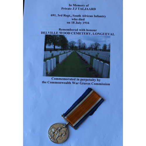 32 - WWI casualty Great War medal awarded to Pte. J. J Taljaard (691 3rd Regiment South African Infantry ... 