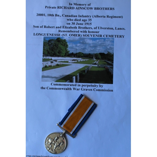 35 - WWI casualty Great War victory medal awarded to Richard Ainscow Brothers  (20001 10th Battalion Cana... 