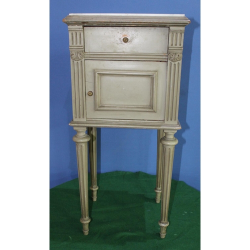 743 - Early C20th marble top green painted French Empire style bedside cabinet, panelled door and drawer o... 