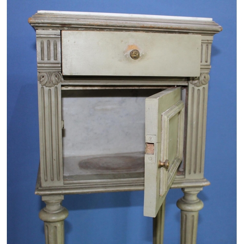 743 - Early C20th marble top green painted French Empire style bedside cabinet, panelled door and drawer o... 