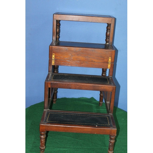 744 - Early C20th folding oak library steps with tooled leather treads, H69cm (extended), W72cm