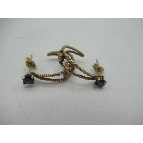 52a - Sapphire and yellow metal half hoop earrings with butterfly backs, approximate L2cm, gross 2g