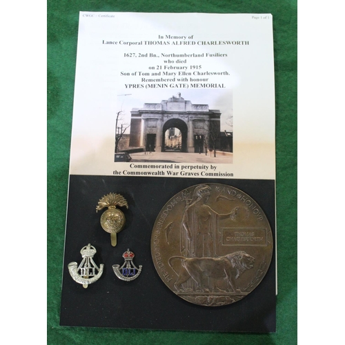 16 - WWI bronze memorial plaque (death penny) for Thomas Alfred Charlesworth, with card box of issue  (16... 