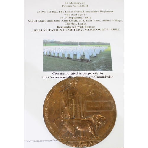 17 - WWI bronze memorial plaque (death penny) for Wallace Leigh, with card box of issue and CWGC research... 