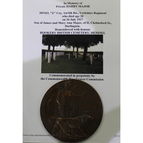 18 - WWI bronze memorial plaque (death penny) for Harry Major, with card box of issue and CWGC research p... 