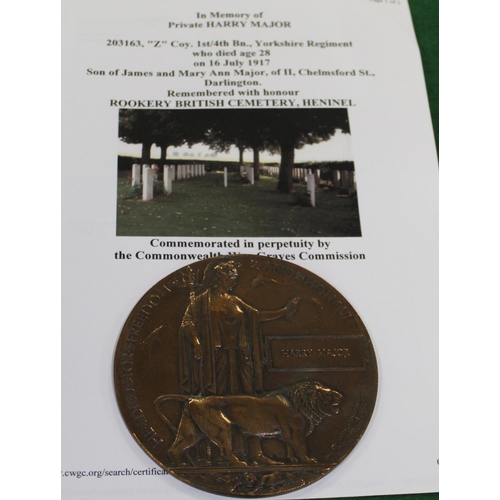 18 - WWI bronze memorial plaque (death penny) for Harry Major, with card box of issue and CWGC research p... 