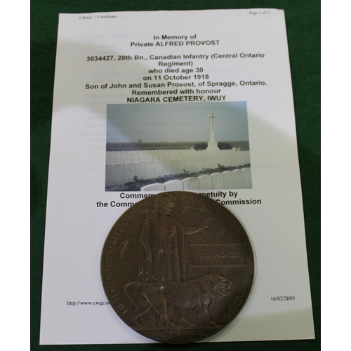 19 - Canadian WWI bronze memorial plaque (death penny) for Fred Provost, with associated CWGC paperwork (... 