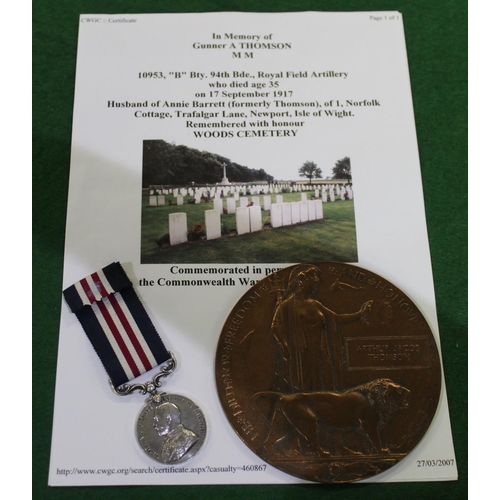 20 - Military medal group with WWI bronze memorial plaque (death penny) for Arthur Jacob Thomson, and mil... 