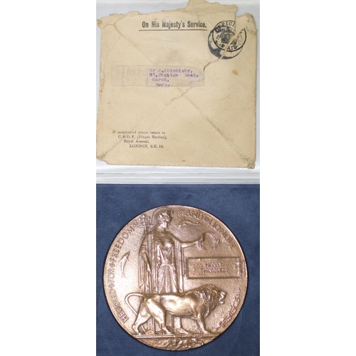 3 - WWI bronze memorial plaque for Harry Thimbleby, with original postage envelope, in later fitted case... 