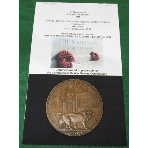 72 - Canadian WWI bronze memorial plaque (death penny) for Thomas Henry Waite, with associated CWGC certi... 