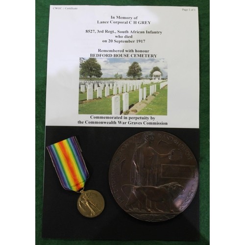 249 - South African Infantry WWI bronze memorial plaque (death penny) for Charles Horace Grey, Victory med... 