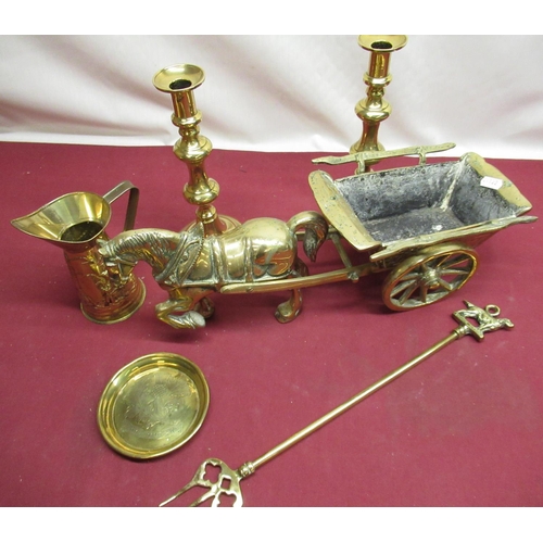 381 - Small selection of brassware including shire horse and cart, a Scottish pin dish, two brass candlest... 