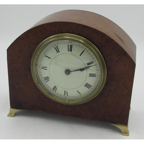 346 - Buren, Swiss, early C20th burr elm cased timepiece, plain arched case on four brass shaped feet, mov... 