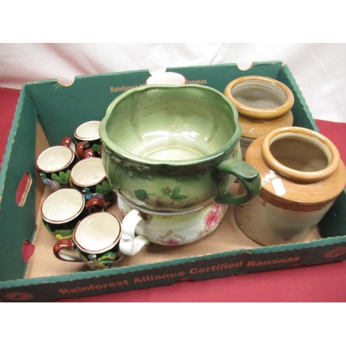 370 - Two salt glazed storage jars, two early C20th chamber pots,  art pottery, mugs and similar tankard