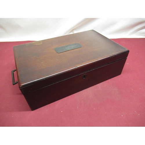 481 - C19th mahogany travelling stationary box inset with letter and pen tray, with recessed campaign styl... 