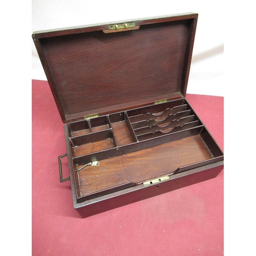 481 - C19th mahogany travelling stationary box inset with letter and pen tray, with recessed campaign styl... 