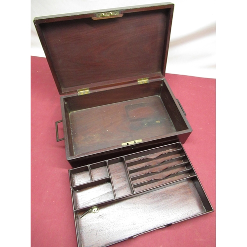 481 - C19th mahogany travelling stationary box inset with letter and pen tray, with recessed campaign styl... 