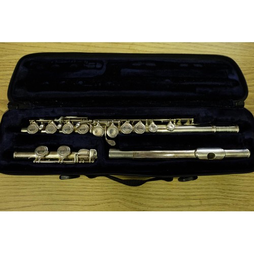 406 - Cased Trevor J James, London, three piece silver plated flute, serial no. 75866