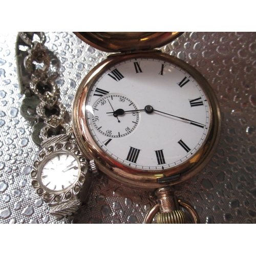 426 - Anonymous, Hunter cased keyless pocket watch, white enamel dial with Roman numerals, rail track minu... 