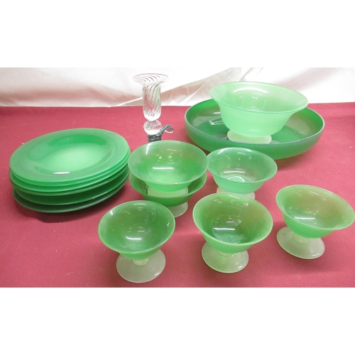 354 - Peking Jadeite glass part dessert and fruit service, late C20th Murano style candle stick signature ... 