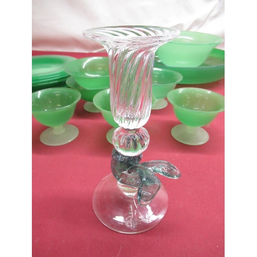 354 - Peking Jadeite glass part dessert and fruit service, late C20th Murano style candle stick signature ... 