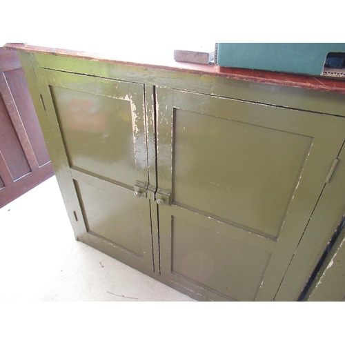 619 - C20th Vintage green painted kitchen cupboard with two doors, and a similar base unit with white marb... 