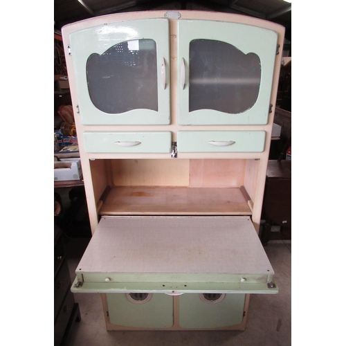 620 - Vintage Retro green and cream painted arched top kitchen cabinet, two glazed and two panel doors, fa... 