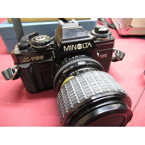 327 - Minolta X-700 camera, with 50mm F1.7 lens, Sigma 70 - 250 lens, various filters, metal camera case a... 