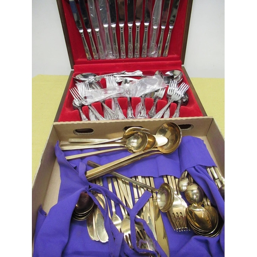 336 - C20th cased canteen of EPNS queens pattern cutlery, six settings, suite of bronze cutlery in cutlery... 